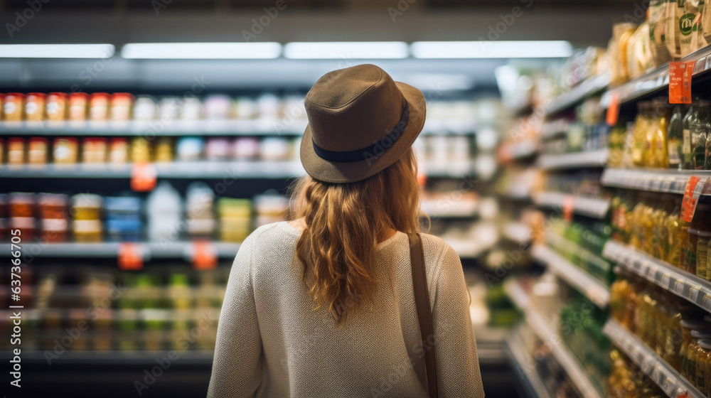 Woman Shopping in Well-Stocked Supermarket