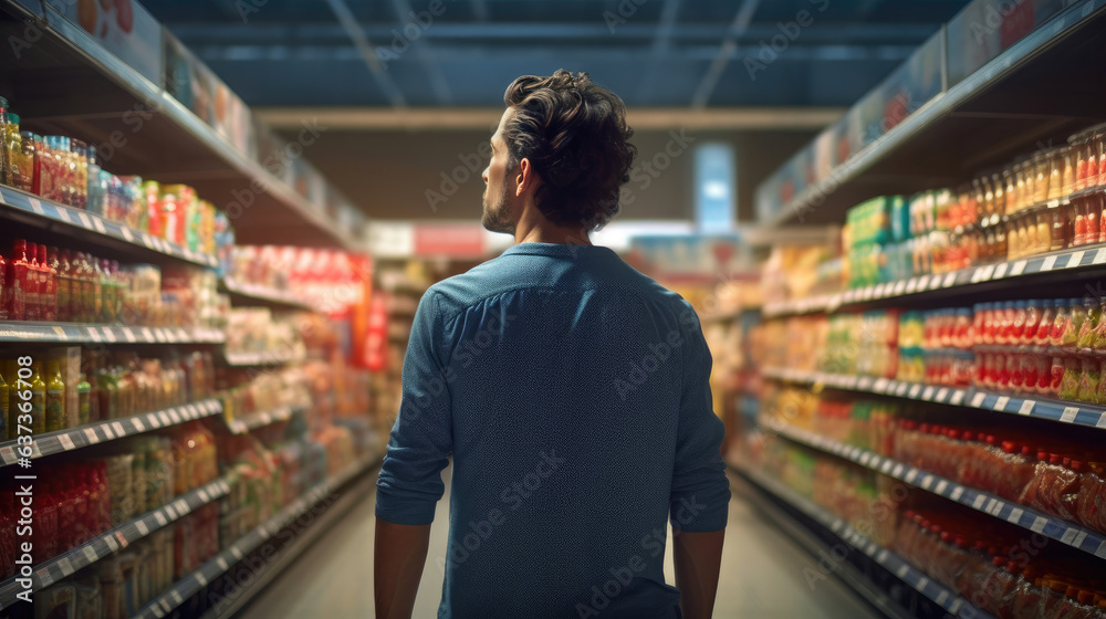 Man Shopping for Groceries in a Supermarket Aisle