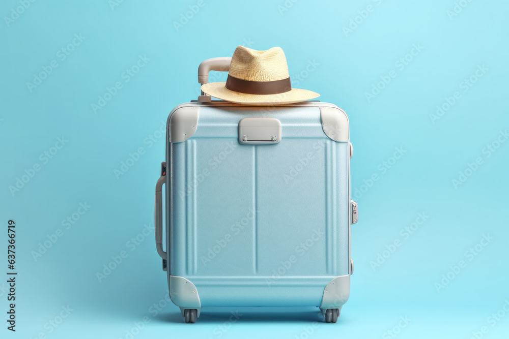 Light blue travel suitcase mock up and hat, belongings for travelling. Copy space. Light blue travel suitcase mock up and hat, belongings for travelling. Copy space.