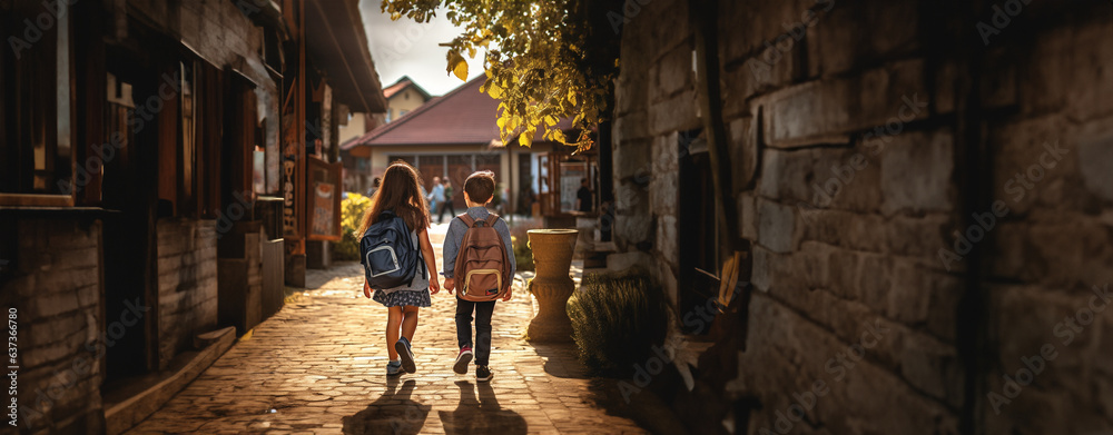 Schulfreunde Junge und Mädchen Rückenansicht mit Schultasche auf dem Weg zur Schule im Querformat als Banner, ai generativ