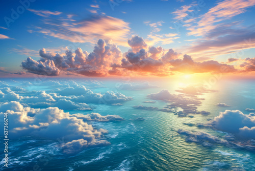 Beautiful sunset and blue sea seen from the sky. Summer and travel landscape concept.