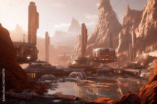 Fototapeta Naklejka Na Ścianę i Meble -  Levitating Space Modules above Human Scientific Station Situated in Mountains of Mars