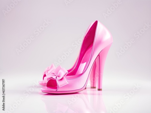 Pink high heel Barbie style shoes with a bow, isolated close-up on a white background