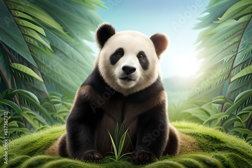 giant panda eating bamboo sitting in the green ground generated by AI tool