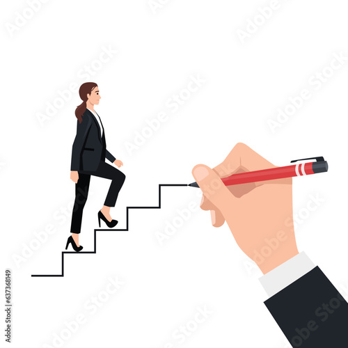 Career, business concept sketch, vector illustration. The businesswoman climbs the stairs. Flat vector illustration isolated on white background