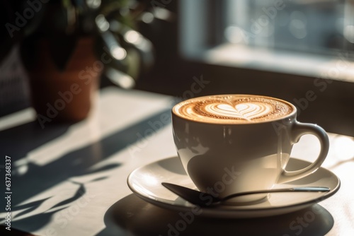 Cup with Latte Coffee. Heart shaped latte art