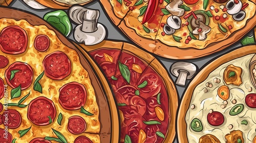 Gourmet pizza toppings . Fantasy concept , Illustration painting.