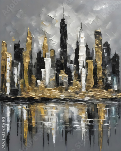 Hand painted city skyine. Wall Art. Oil brush strokes. Black White and gold colors.