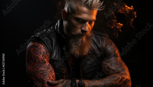 Portrait of a man with a strong character and an excellent body with a fiery tattoo on a muscular body. Created in AI.