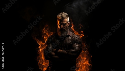 Portrait of a man with a strong character and an excellent body with a fiery tattoo on a muscular body. Created in AI.