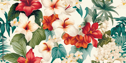 Vintage Flowers and leaves. Vector illustrations of fern, bird of paradise, black panther, palm leaf and tropical plants. Modern seamless pattern. Fashionable template for design