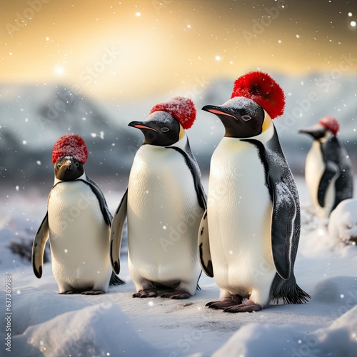 group of penguins at the north pole wearing funny red santa claus hats. Postcard for christmas or new year © Olena
