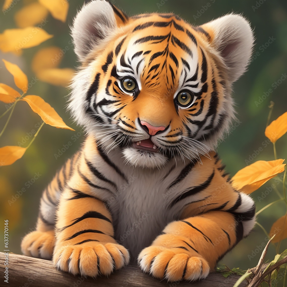 Cute little baby tiger forest background 