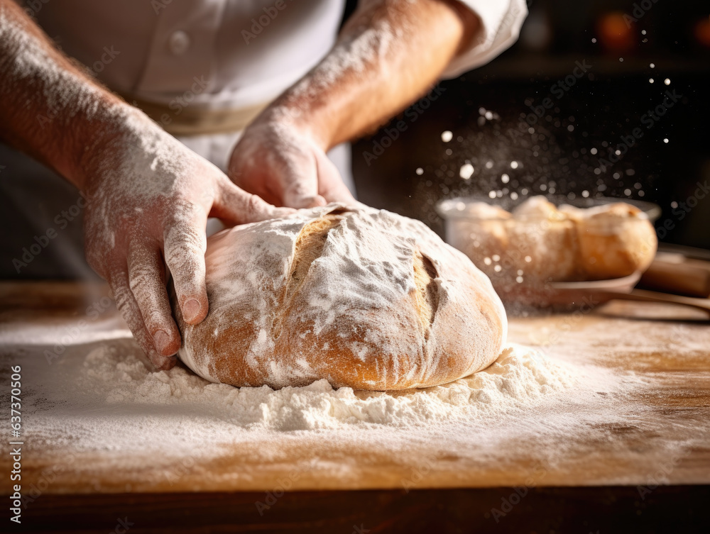 Fotografía de las manos de un panadero espolvoreando harina sobre una barra de pan, con elementos de cocina rústica desenfocados detrás.