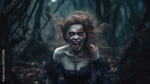 vampire woman in a dark forest. Created with Generative AI. 