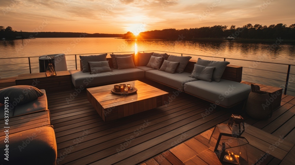 Sunset on the lake with a wooden deck and a white sofa