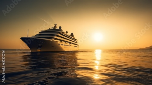 Cruise Ship in the Sea at Sunset.