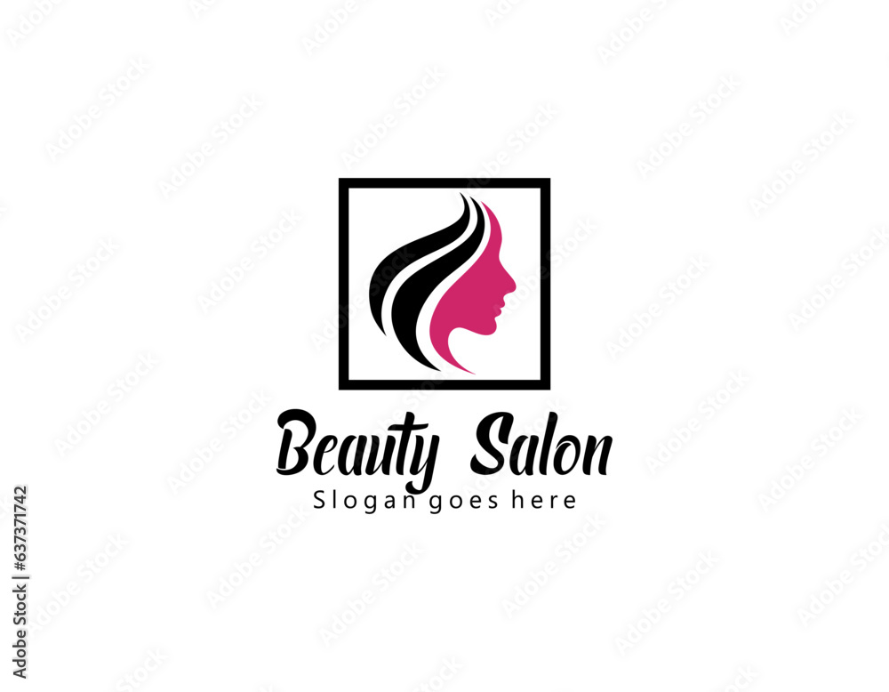 Beauty salon logo.Elegant makeup woman face and wordmark isolated on light fund.Profile view lady portrait.Pink lipstick and long eyelashes.Cosmetics and spa business.Calligraphy style lettering. Beauty salon logo.Elegant makeup woman face and wordmark isolated on light fund.Profile view lady portrait.Pink lipstick and long eyelashes.Cosmetics and spa business.Calligraphy style lettering.