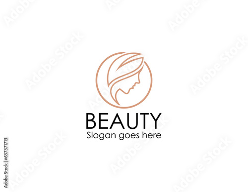 Beauty salon logo.Elegant makeup woman face and wordmark isolated on light fund.Profile view lady portrait.Pink lipstick and long eyelashes.Cosmetics and spa business.Calligraphy style lettering.