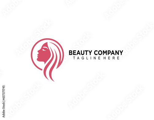 Beauty salon logo.Elegant makeup woman face and wordmark isolated on light fund.Profile view lady portrait.Pink lipstick and long eyelashes.Cosmetics and spa business.Calligraphy style lettering.