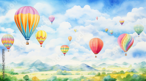 Colorful hot air balloons flying in the sky, Watercolor illustration, style, illustration painting, Generative AI art