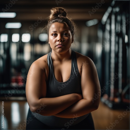 Overweight young woman exercising in the gym