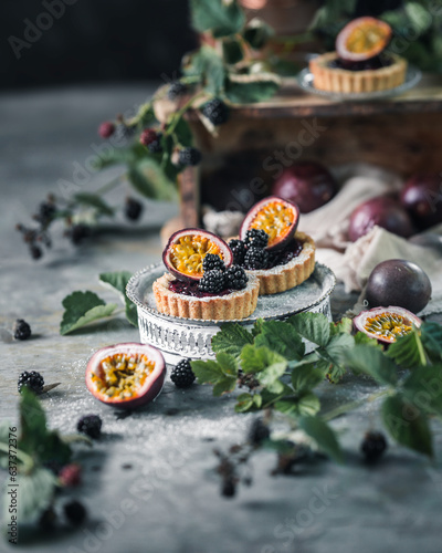 Tartlets with Passion Fruits and Blackberries
