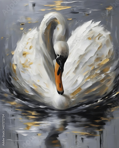 Abstract oil paint with white swan on the water. Gray, white, gold colors