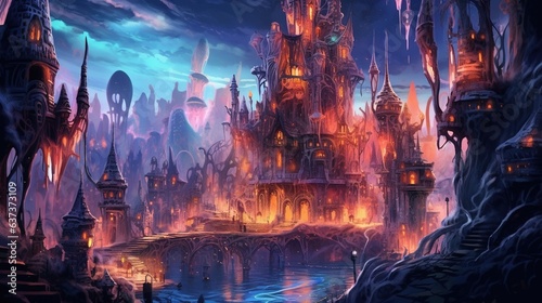 enchanted castle . Fantasy concept , Illustration painting.