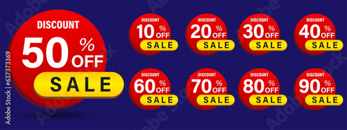 Discount price tag, Price 10 20 30 40 50 60 70 80 90 percent, Red and yellow Discount promotion sticker badge set for shopping marketing, advertisement clearance, element, Vector illustration
