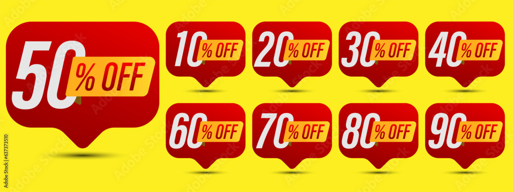 Set of discount label vector Illustration 10, 20, 30, 40, 50, 60, 70, 80, 90 percent, Promotion red and yellow design for an advertising campaign at retail clearance, special offer, tag, sticker flat.