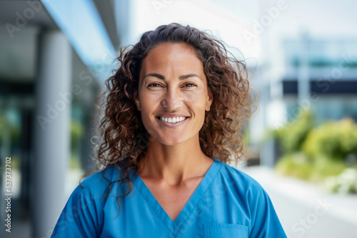 Middle age woman in blue scrubs posing outdoors.