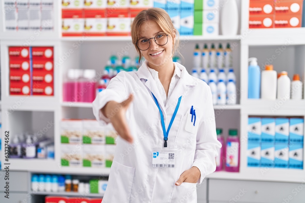 Young blonde girl  at pharmacy