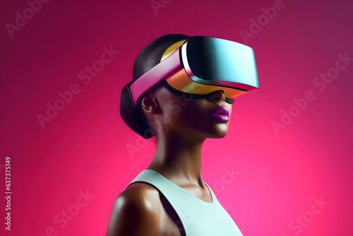Young black woman enjoys modern technology digital virtual headset