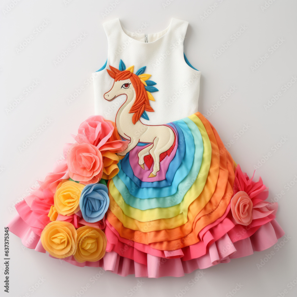 Girl dress that has a brightly white unicorn and colorful rainbow flowers isolated on white background