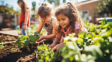 Kids at a community garden, tending to their plants and flowers with enthusiasm. Planting, and enjoying their labor as their garden flourishes