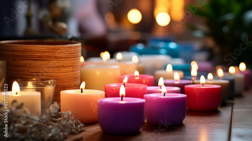 Group of colorful candles on a table in a living room, bright colors