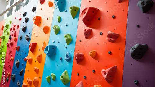 Indoor artificial rock climbing walls with coloured holds , no people