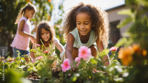 Kids at a community garden, tending to their plants and flowers with enthusiasm. Planting, and enjoying their labor as their garden flourishes