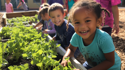Kids at a community garden, tending to their plants and flowers with enthusiasm. Planting, and enjoying their labor as their garden flourishes © Keitma