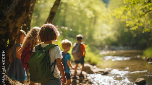 Kids taking a nature hike through a lush forest, exploring the beauty of the outdoors. The trail lead to a serene clearing