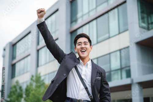 Successful 25 years old asian young man wearing business suit, raising his hand showing happiness, background of highrise high technology building photo