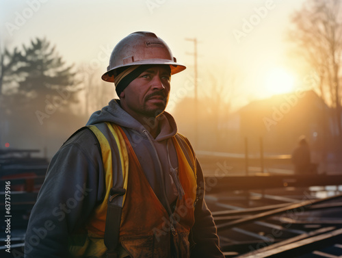construction worker, kodak, photograph sunrise, ai generated.