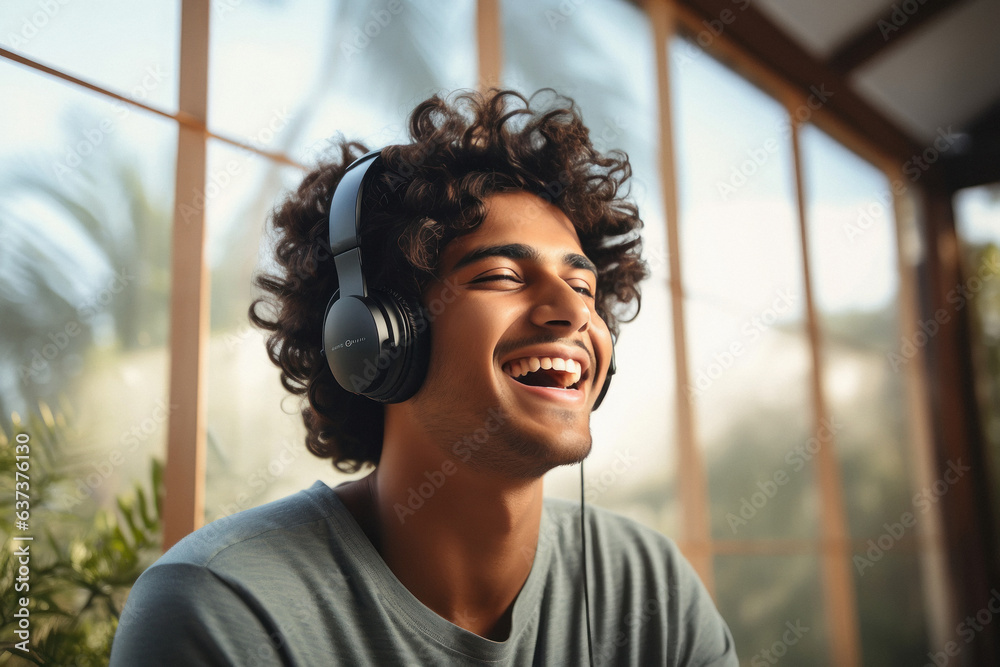 Young man using headphone and listening music - obrazy, fototapety, plakaty 