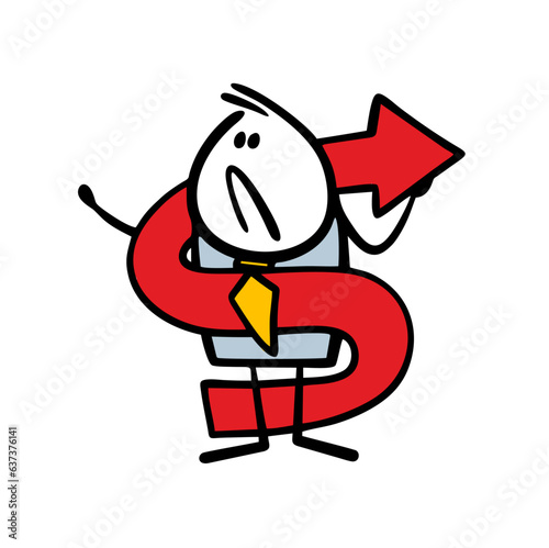 Poor stickman businessman entangled with a red arrow. Vector illustration of hard work and difficulties in business.