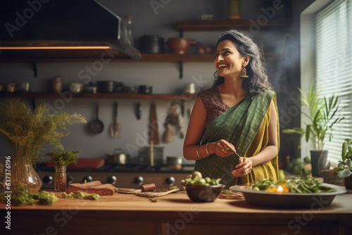 Indian woman or housewife cooking at kitchen. photo