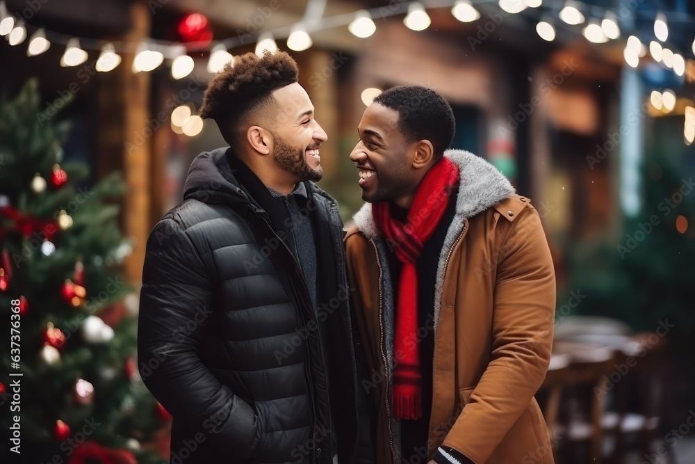 Gay couple of men embracing during christmas time