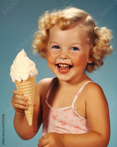 Minimalistic retro postcard of happy smiling child with ice cream and curved hair on blue background