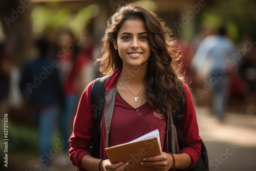 Young indian college girl holding backpack and books and giving happy expression. photo