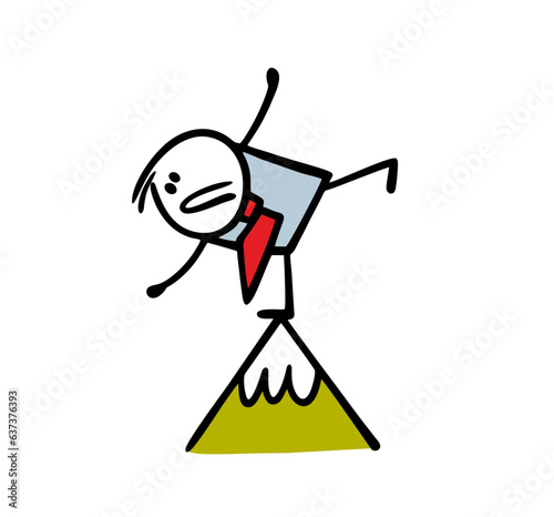 Businessman with anxiety and fright is balancing on one foot at the top of the mountain of financial success. Vector illustration of the illusion of stability.